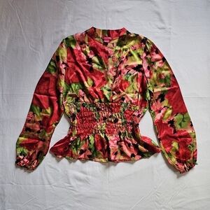 Sunny Leigh y2k wrap deep v-neck colorful feminine satin peplum blouse Size L